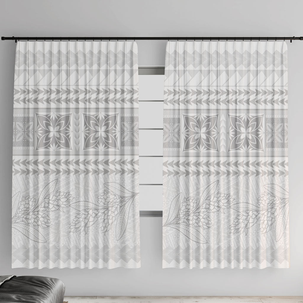 Samoa White Sunday Window Curtain Lotu Tamaiti Samoan Siapo Teuila Flowers LT14 With Hooks White - Polynesian Pride