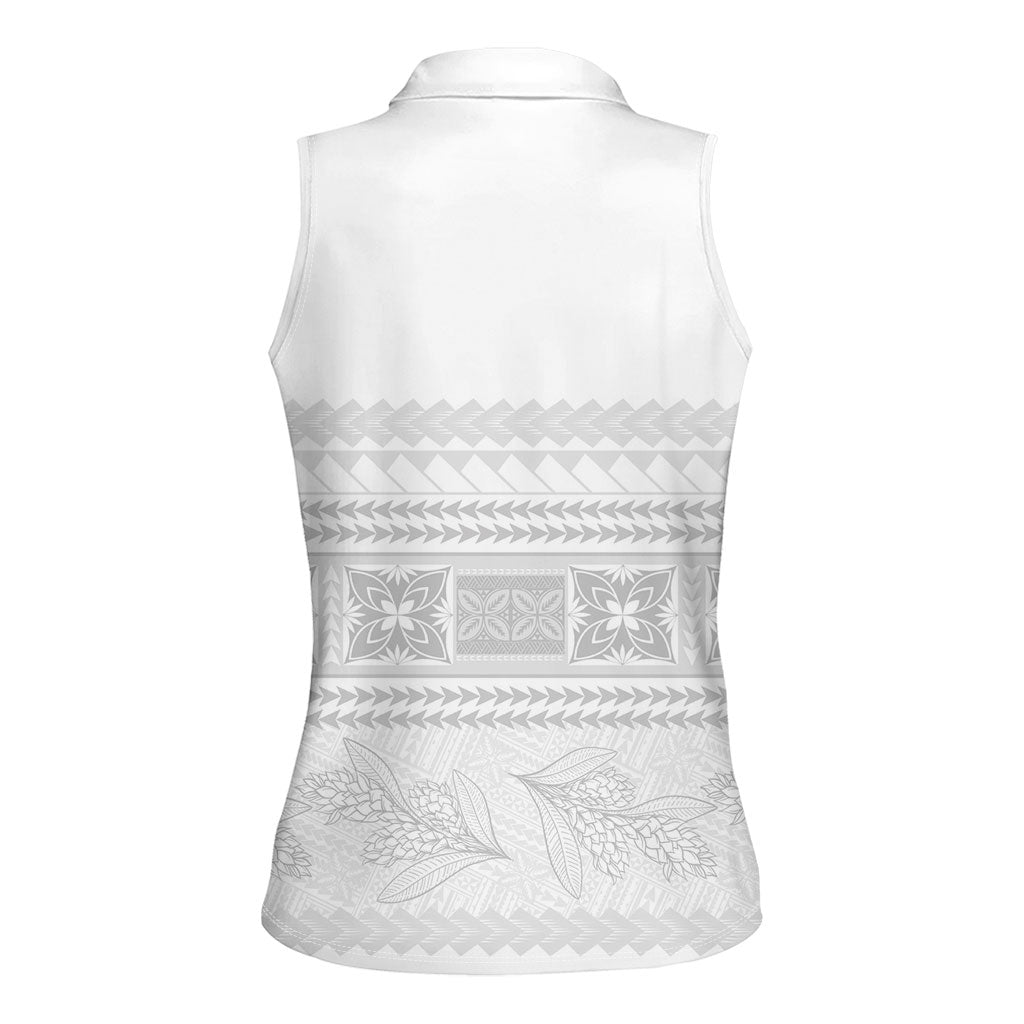Samoa White Sunday Women Sleeveless Polo Shirt Lotu Tamaiti Samoan Siapo Teuila Flowers LT14 - Polynesian Pride