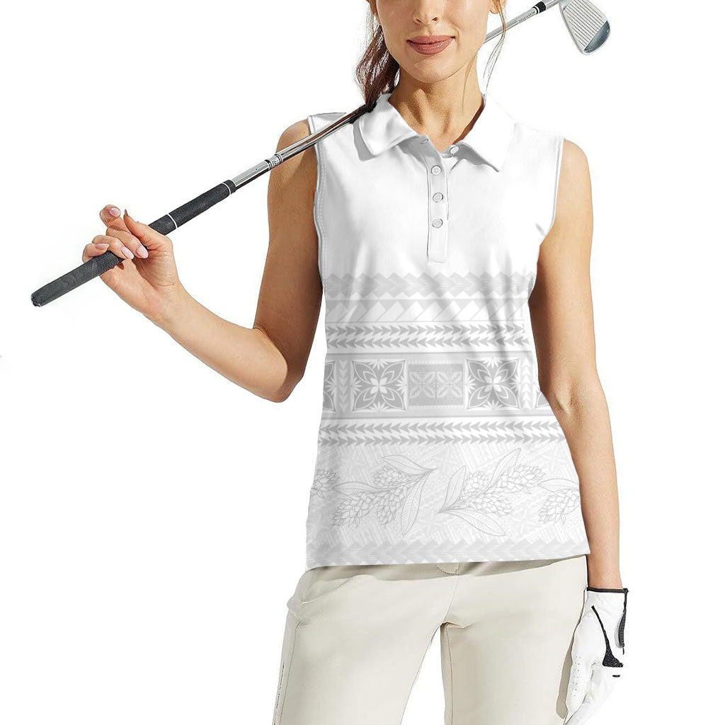Samoa White Sunday Women Sleeveless Polo Shirt Lotu Tamaiti Samoan Siapo Teuila Flowers LT14 - Polynesian Pride