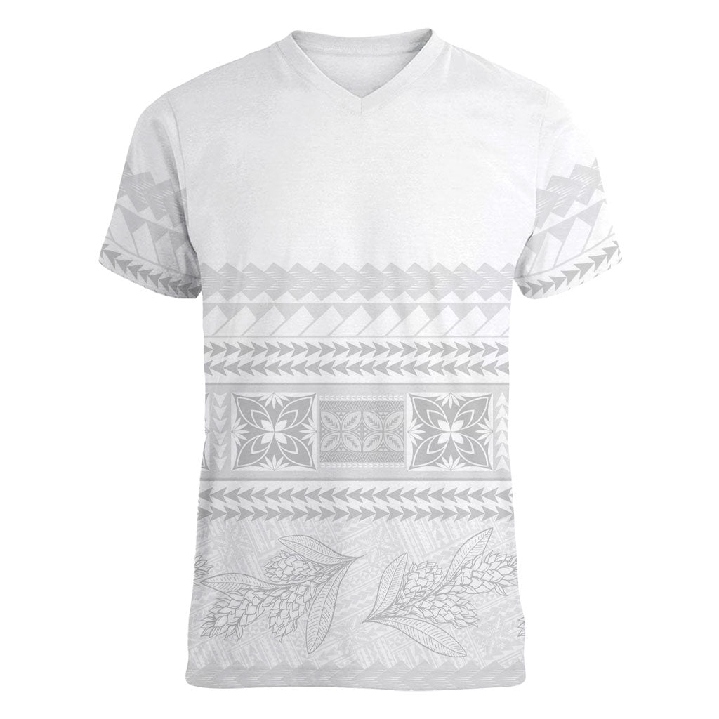 Samoa White Sunday Women V-Neck T-Shirt Lotu Tamaiti Samoan Siapo Teuila Flowers LT14 Female White - Polynesian Pride