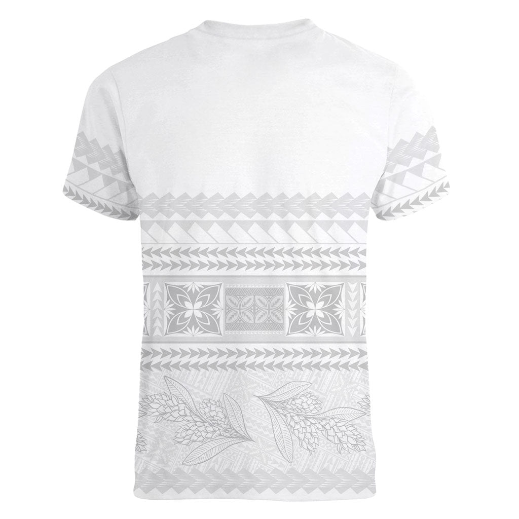 Samoa White Sunday Women V-Neck T-Shirt Lotu Tamaiti Samoan Siapo Teuila Flowers LT14 - Polynesian Pride