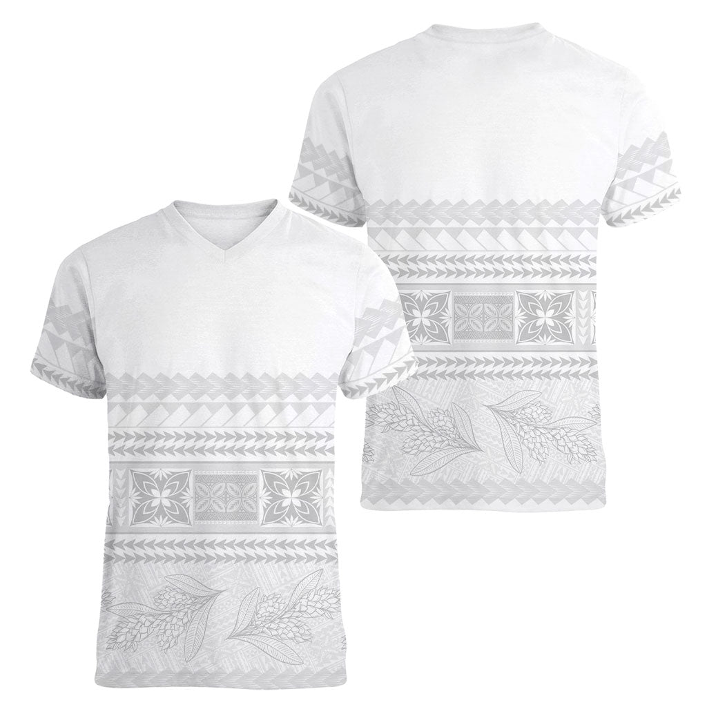 Samoa White Sunday Women V-Neck T-Shirt Lotu Tamaiti Samoan Siapo Teuila Flowers LT14 - Polynesian Pride