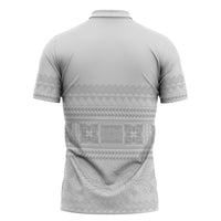 Samoa White Sunday Zipper Polo Shirt Lotu Tamaiti Samoan Siapo Teuila Flowers LT14 - Polynesian Pride