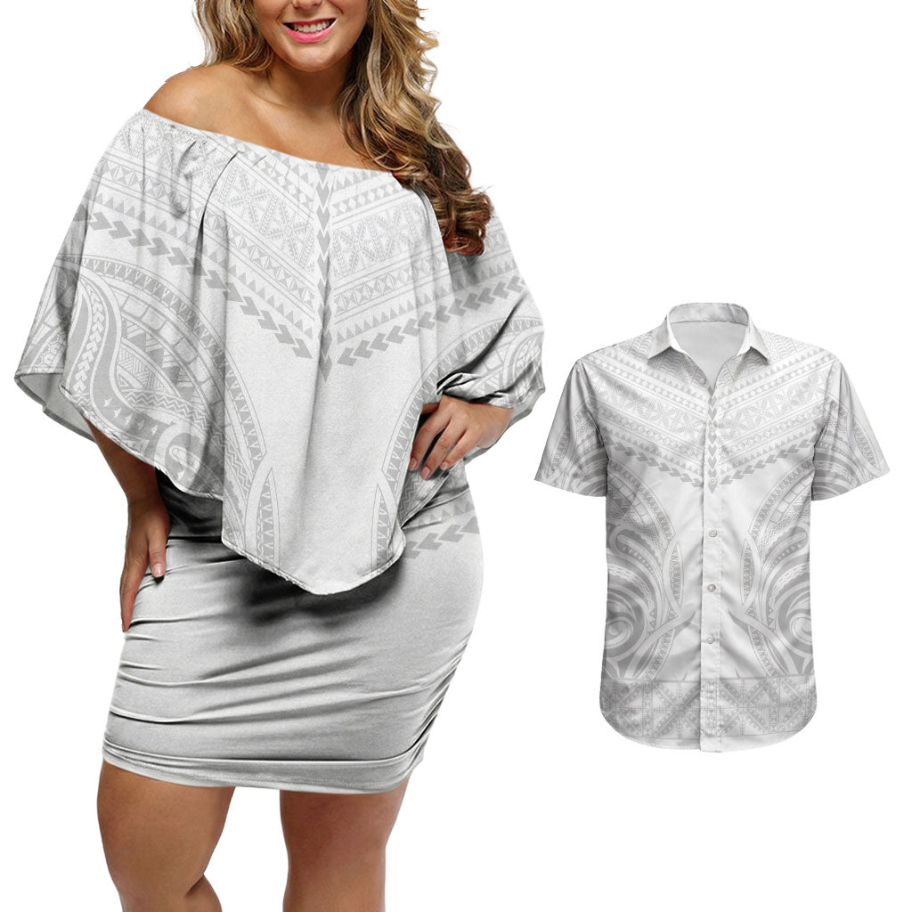 Niue White Sunday Couples Matching Off Shoulder Short Dress and Hawaiian Shirt Aho Tapu Fanau Hiapo Pattern LT14 White - Polynesian Pride