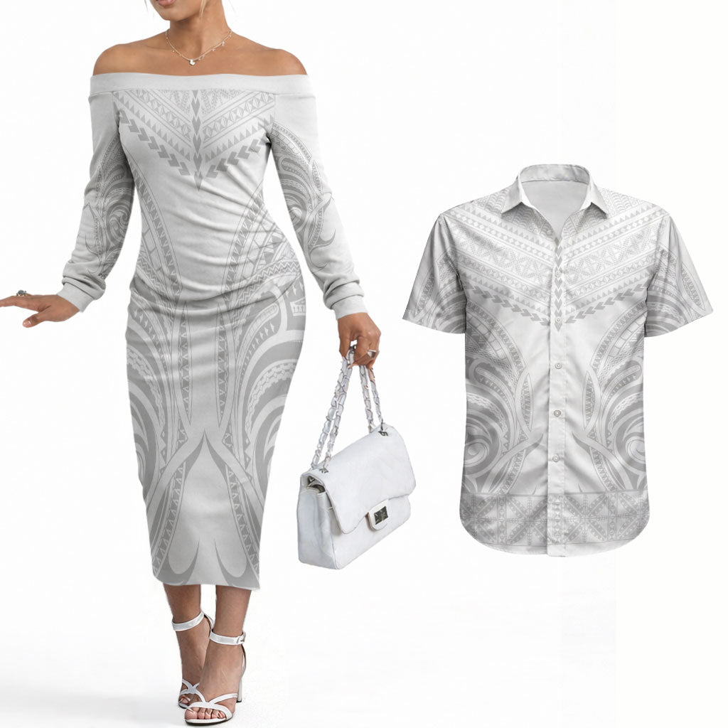 Niue White Sunday Couples Matching Off The Shoulder Long Sleeve Dress and Hawaiian Shirt Aho Tapu Fanau Hiapo Pattern LT14 White - Polynesian Pride