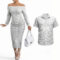 Niue White Sunday Couples Matching Off The Shoulder Long Sleeve Dress and Hawaiian Shirt Aho Tapu Fanau Hiapo Pattern LT14 White - Polynesian Pride