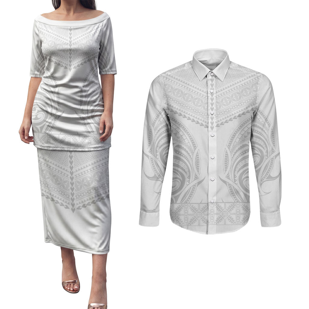 Niue White Sunday Couples Matching Puletasi and Long Sleeve Button Shirt Aho Tapu Fanau Hiapo Pattern LT14 White - Polynesian Pride