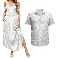 Niue White Sunday Couples Matching Summer Maxi Dress and Hawaiian Shirt Aho Tapu Fanau Hiapo Pattern LT14 White - Polynesian Pride