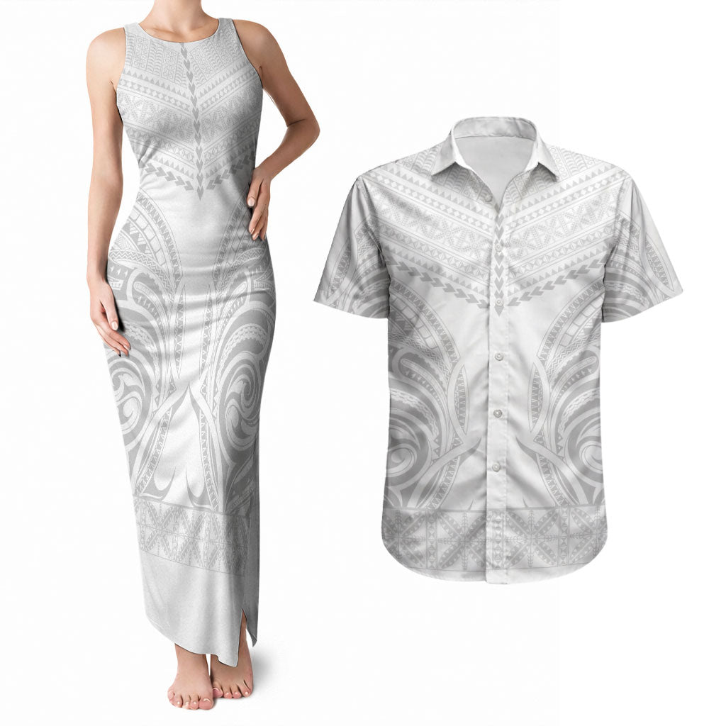 Niue White Sunday Couples Matching Tank Maxi Dress and Hawaiian Shirt Aho Tapu Fanau Hiapo Pattern LT14 White - Polynesian Pride