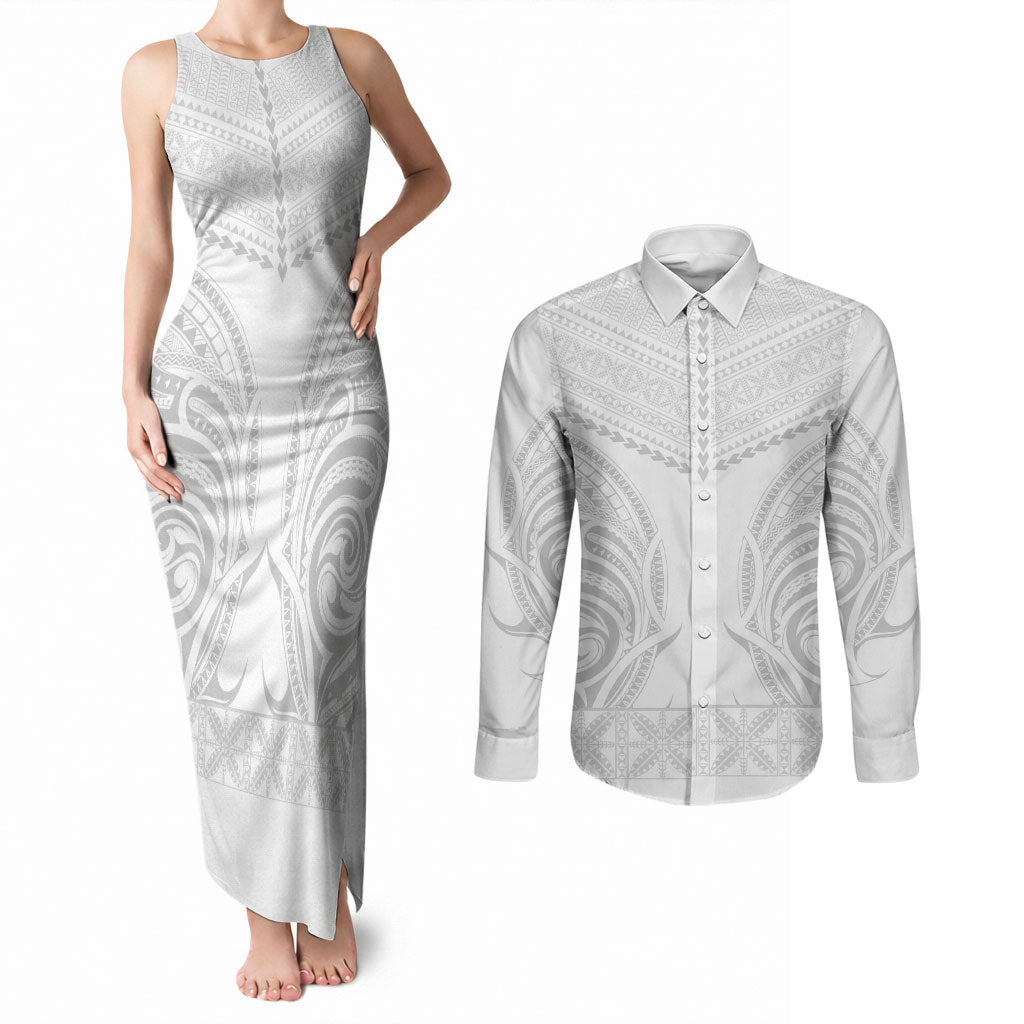 Niue White Sunday Couples Matching Tank Maxi Dress and Long Sleeve Button Shirt Aho Tapu Fanau Hiapo Pattern LT14 White - Polynesian Pride