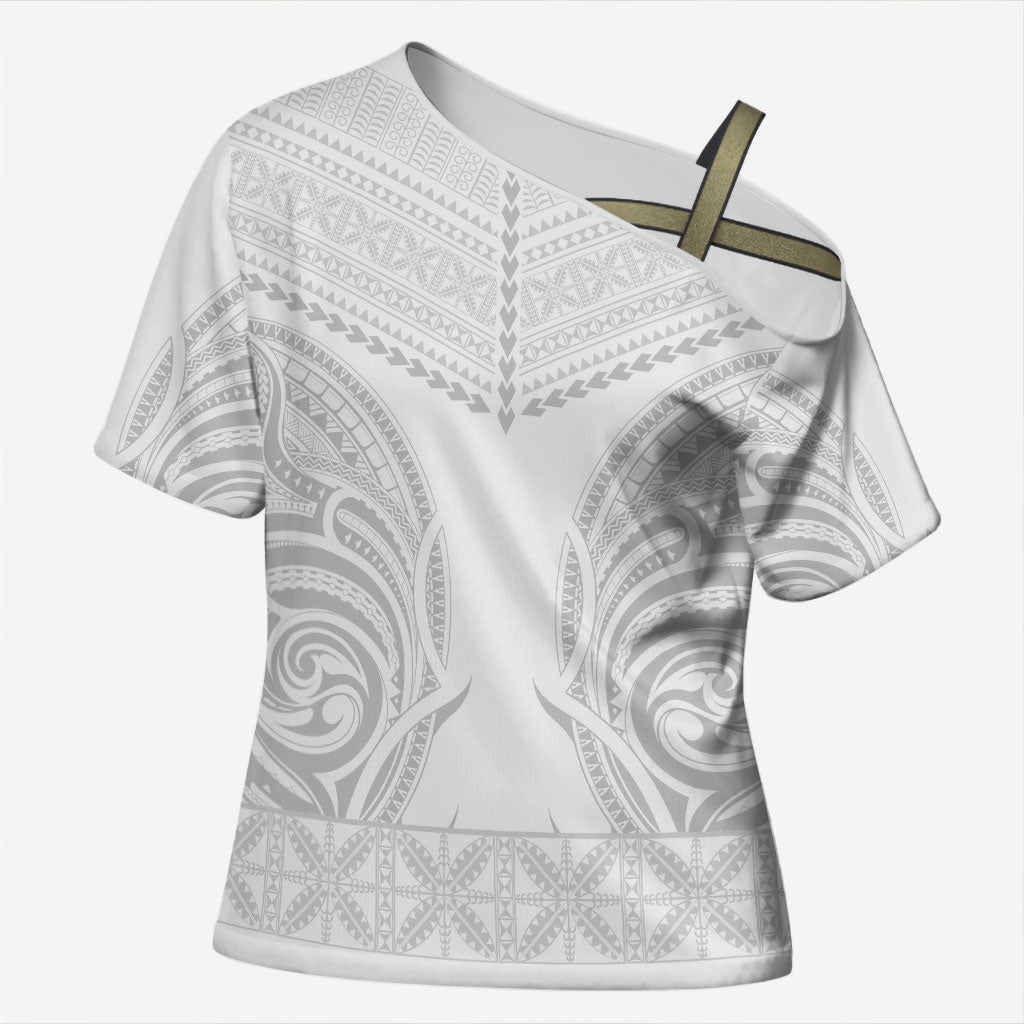 Niue White Sunday Cross Shoulder Shirt Aho Tapu Fanau Hiapo Pattern LT14 Female White - Polynesian Pride