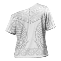 Niue White Sunday Cross Shoulder Shirt Aho Tapu Fanau Hiapo Pattern LT14 - Polynesian Pride