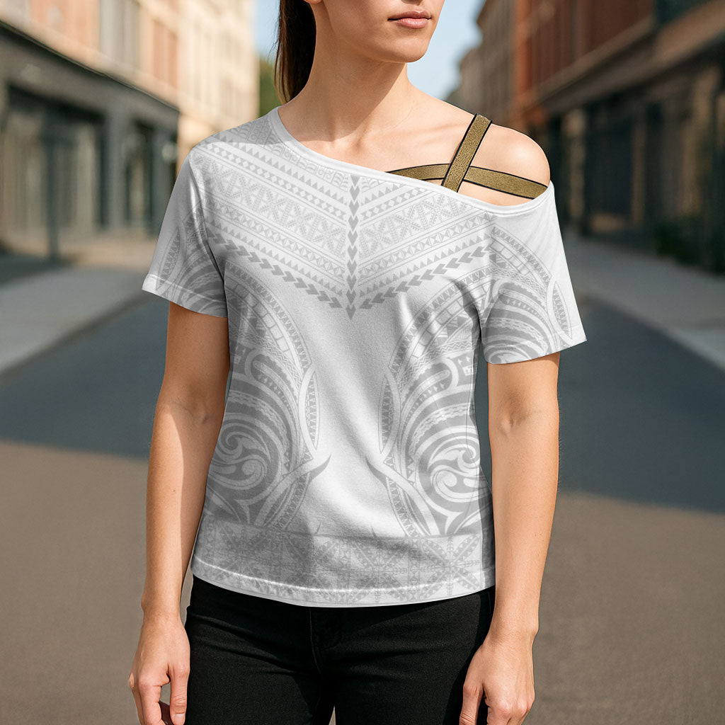 Niue White Sunday Cross Shoulder Shirt Aho Tapu Fanau Hiapo Pattern LT14 - Polynesian Pride