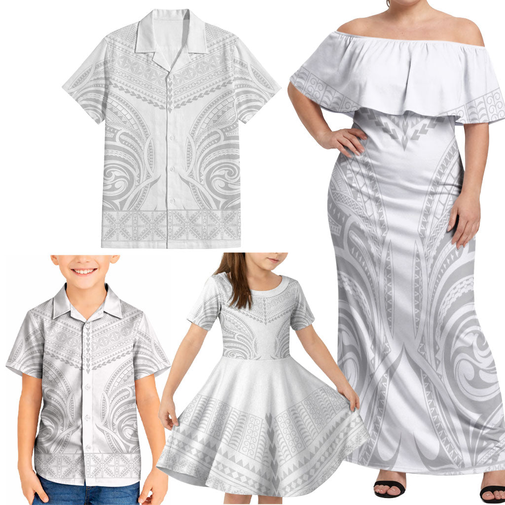 Niue White Sunday Family Matching Off Shoulder Maxi Dress and Hawaiian Shirt Aho Tapu Fanau Hiapo Pattern LT14 - Polynesian Pride