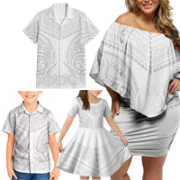 Niue White Sunday Family Matching Off Shoulder Short Dress and Hawaiian Shirt Aho Tapu Fanau Hiapo Pattern LT14 - Polynesian Pride