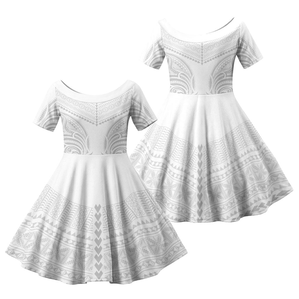 Niue White Sunday Family Matching Off Shoulder Short Dress and Hawaiian Shirt Aho Tapu Fanau Hiapo Pattern LT14 Daughter's Dress White - Polynesian Pride