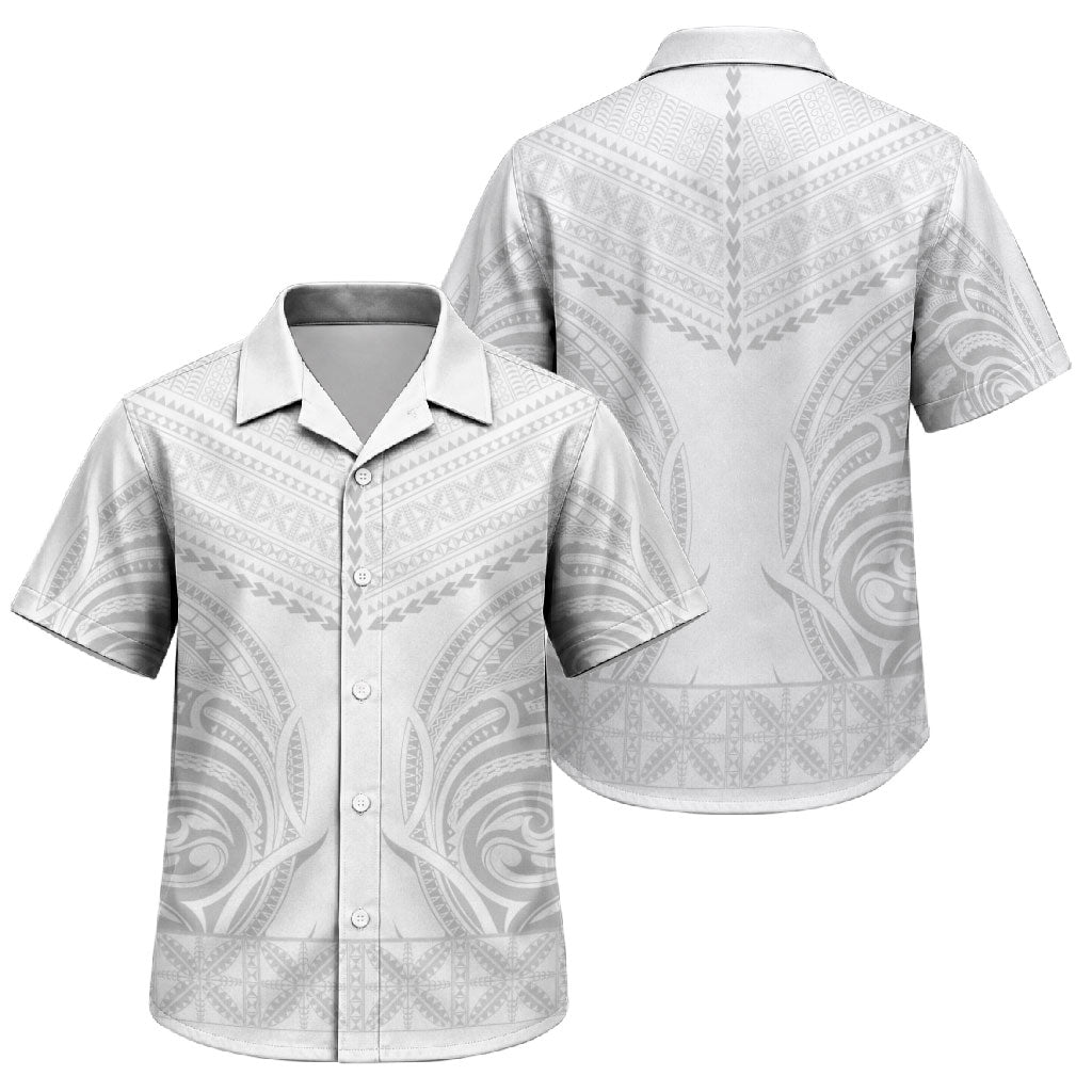 Niue White Sunday Family Matching Off Shoulder Short Dress and Hawaiian Shirt Aho Tapu Fanau Hiapo Pattern LT14 Son's Shirt White - Polynesian Pride