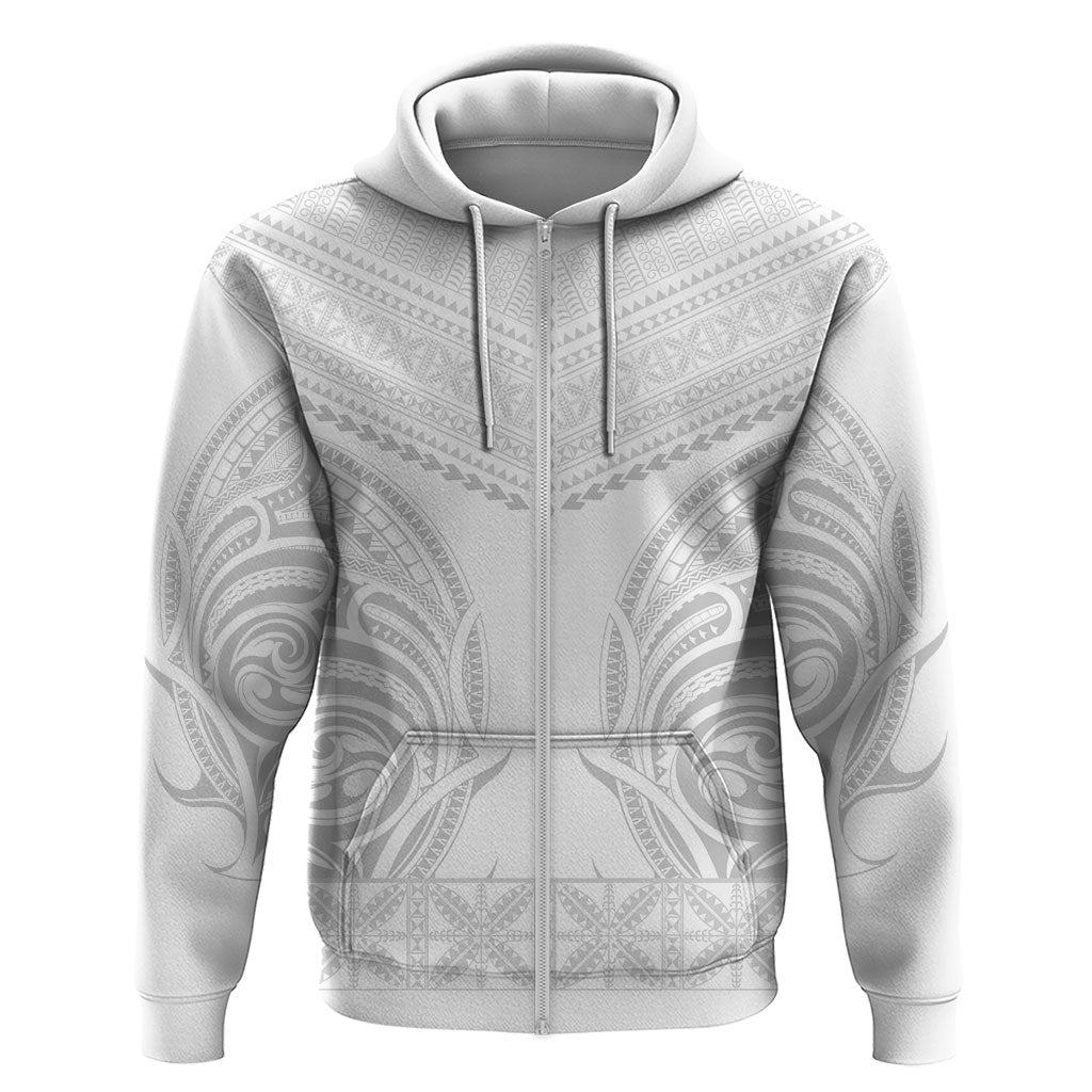 Niue White Sunday Hoodie Aho Tapu Fanau Hiapo Pattern LT14 Zip Hoodie White - Polynesian Pride