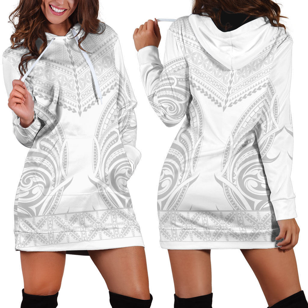 Niue White Sunday Hoodie Dress Aho Tapu Fanau Hiapo Pattern LT14 - Polynesian Pride