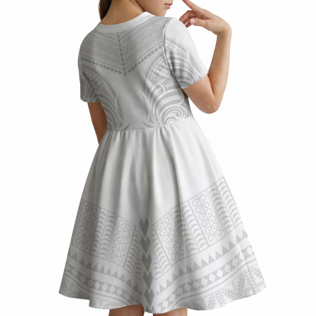 Niue White Sunday Kid Short Sleeve Dress Aho Tapu Fanau Hiapo Pattern LT14 - Polynesian Pride