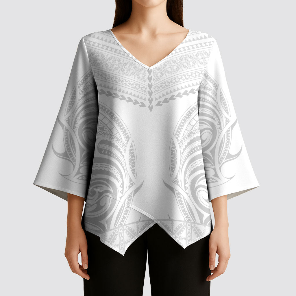 Niue White Sunday Kimono Sleeve Blouse Aho Tapu Fanau Hiapo Pattern LT14 - Polynesian Pride