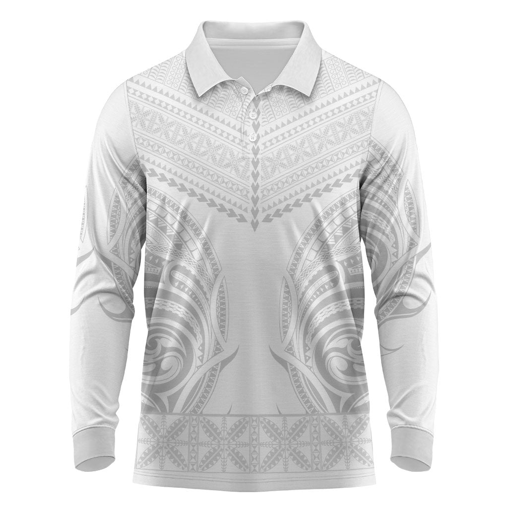 Niue White Sunday Long Sleeve Polo Shirt Aho Tapu Fanau Hiapo Pattern LT14 White - Polynesian Pride