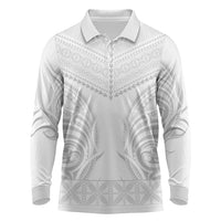 Niue White Sunday Long Sleeve Polo Shirt Aho Tapu Fanau Hiapo Pattern LT14 White - Polynesian Pride