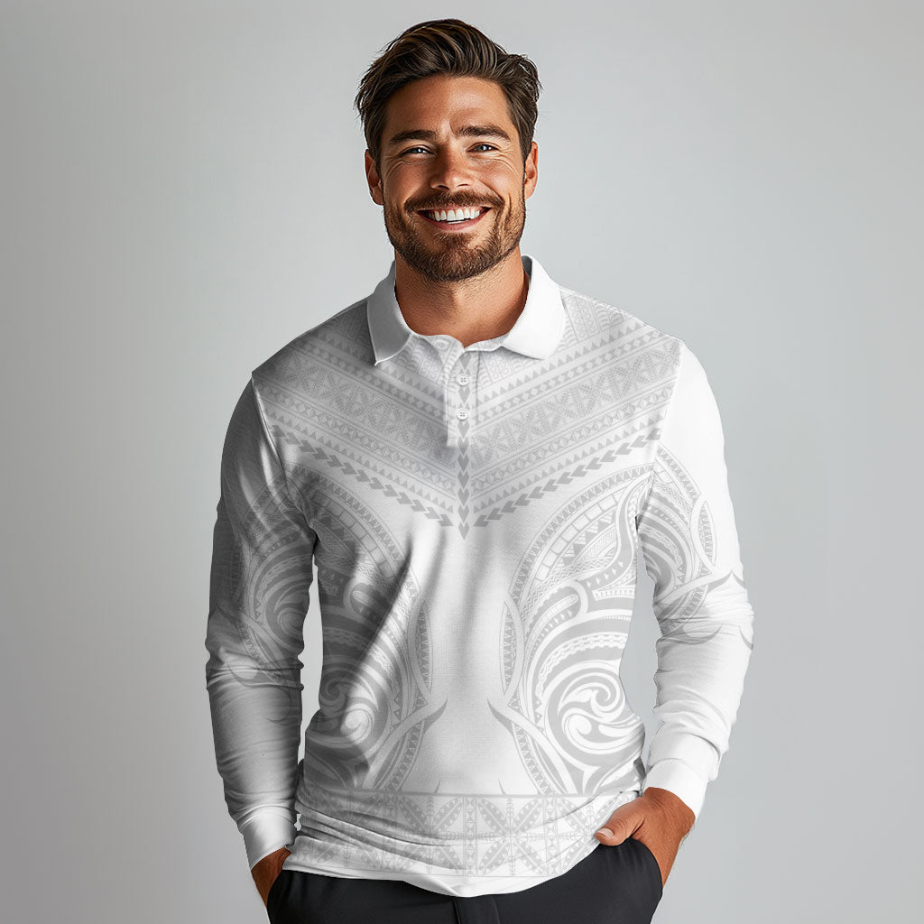 Niue White Sunday Long Sleeve Polo Shirt Aho Tapu Fanau Hiapo Pattern LT14 - Polynesian Pride