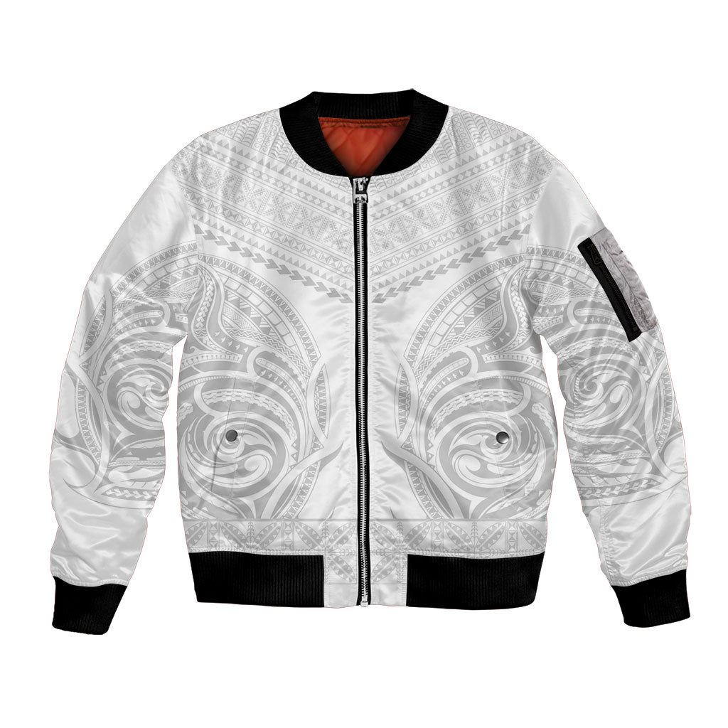 Niue White Sunday Sleeve Zip Bomber Jacket Aho Tapu Fanau Hiapo Pattern LT14 Unisex White - Polynesian Pride