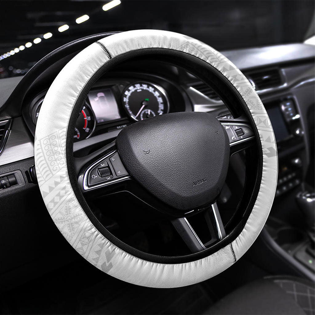 Niue White Sunday Steering Wheel Cover Aho Tapu Fanau Hiapo Pattern LT14 Universal Fit White - Polynesian Pride