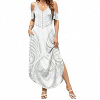 Niue White Sunday Summer Maxi Dress Aho Tapu Fanau Hiapo Pattern LT14 Women White - Polynesian Pride