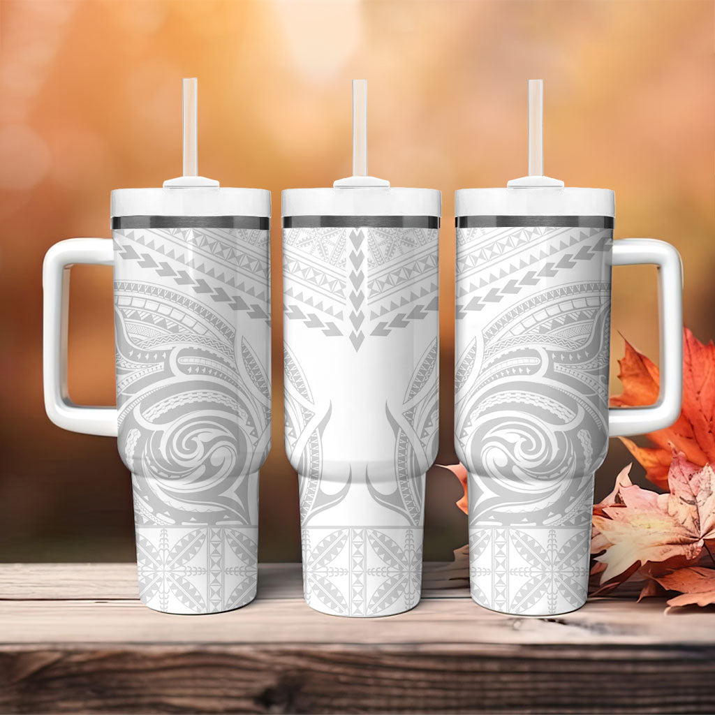 Niue White Sunday Tumbler With Handle Aho Tapu Fanau Hiapo Pattern LT14 - Polynesian Pride