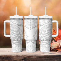 Niue White Sunday Tumbler With Handle Aho Tapu Fanau Hiapo Pattern LT14 - Polynesian Pride