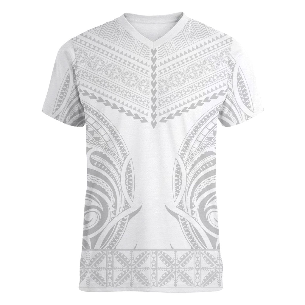 Niue White Sunday Women V-Neck T-Shirt Aho Tapu Fanau Hiapo Pattern LT14 Female White - Polynesian Pride