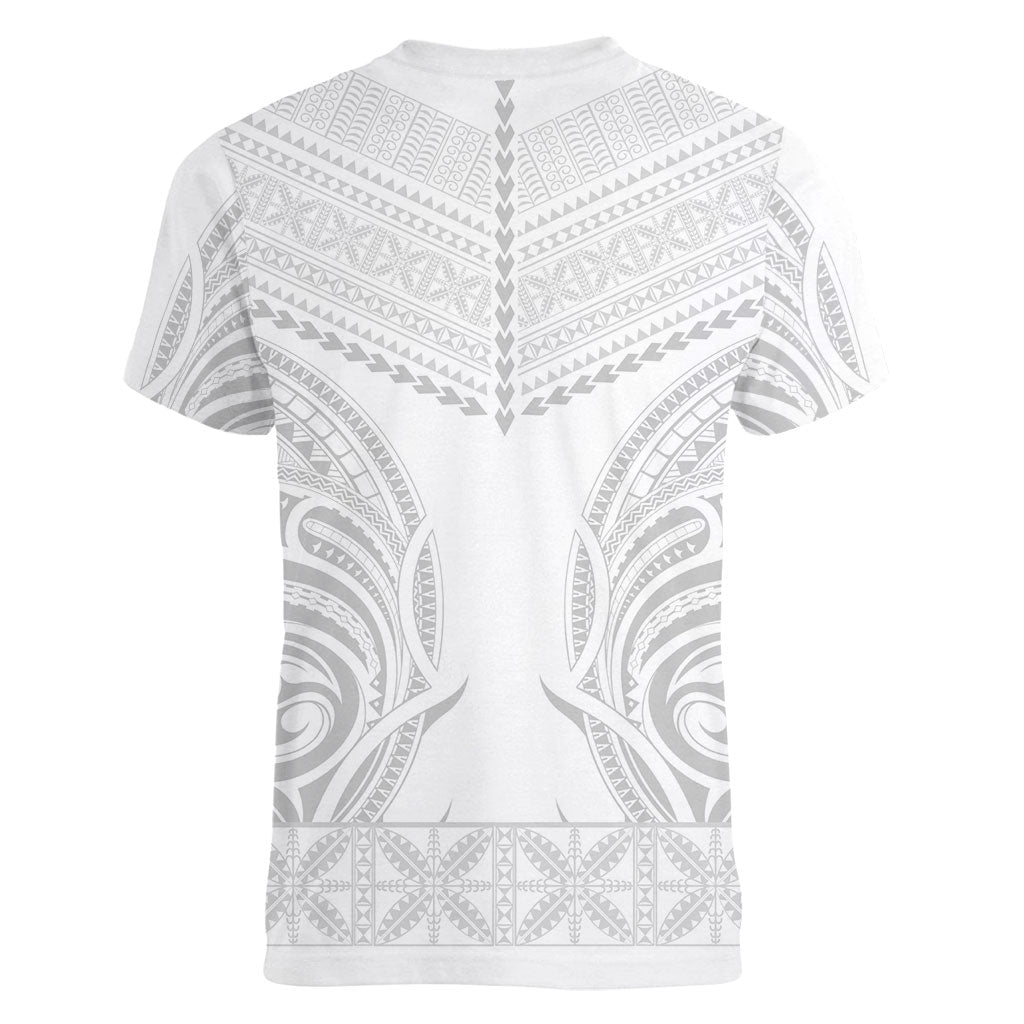 Niue White Sunday Women V-Neck T-Shirt Aho Tapu Fanau Hiapo Pattern LT14 - Polynesian Pride