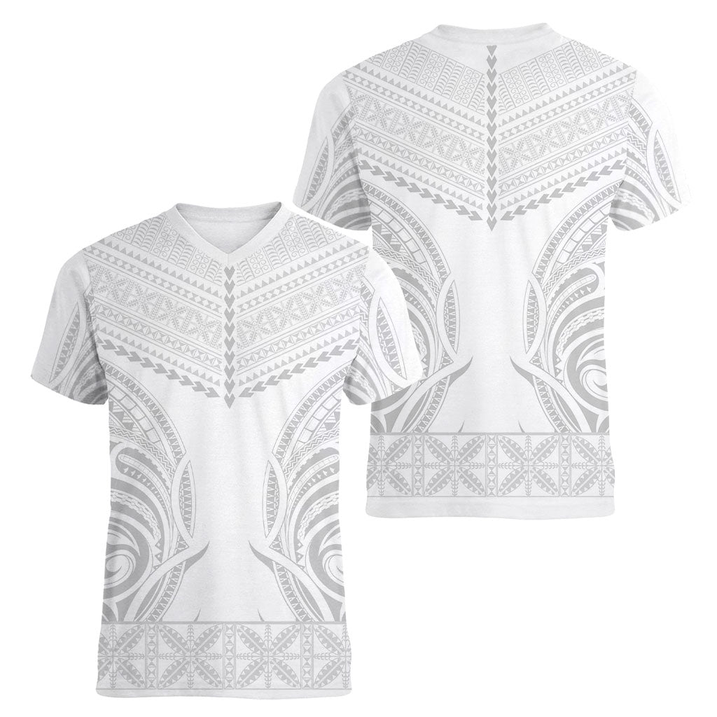 Niue White Sunday Women V-Neck T-Shirt Aho Tapu Fanau Hiapo Pattern LT14 - Polynesian Pride