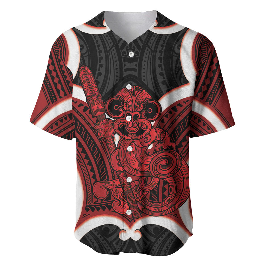 Whero Aotearoa Atua Tumatauenga Personalised Baseball Jersey Maori God Of War Tiki With Taiaha LT14 Red - Polynesian Pride