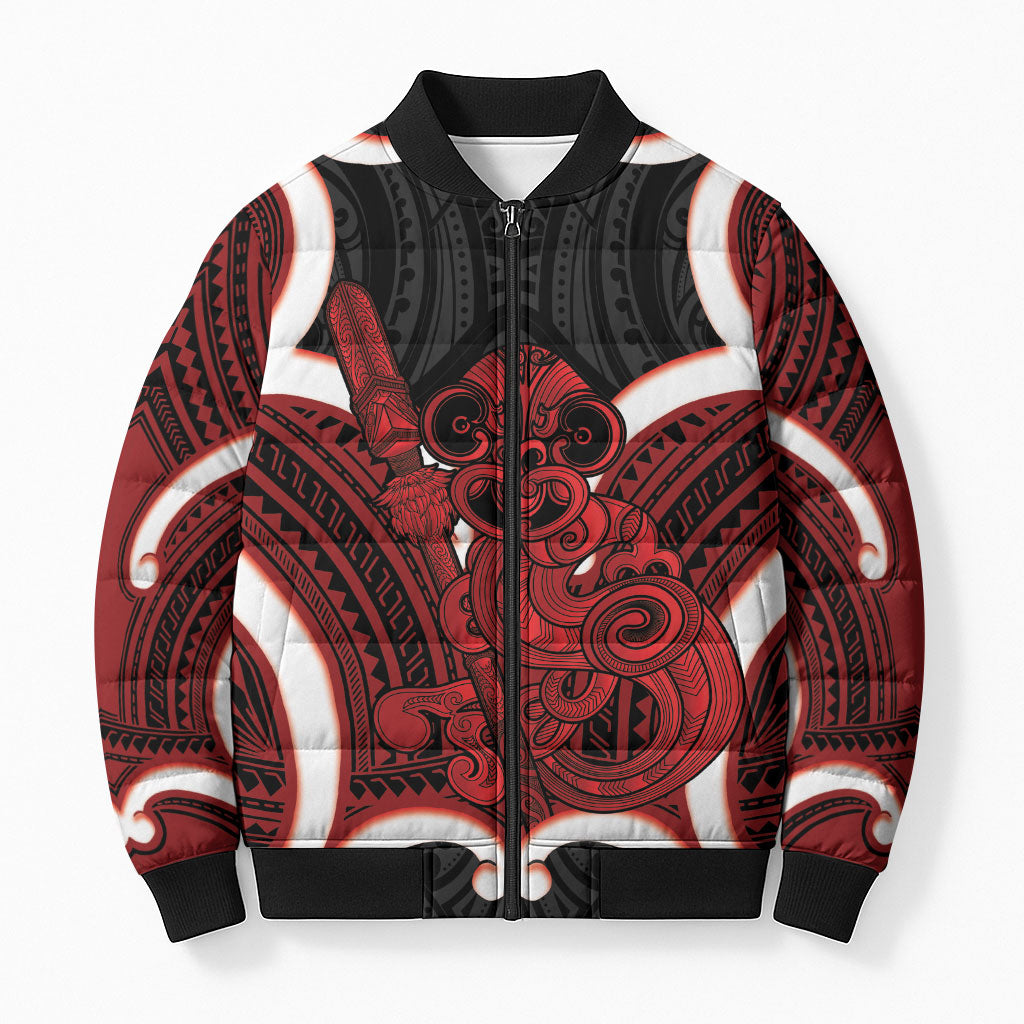 Whero Aotearoa Atua Tumatauenga Personalised Bomber Puffer Jacket Maori God Of War Tiki With Taiaha LT14 Unisex Red - Polynesian Pride