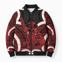Whero Aotearoa Atua Tumatauenga Personalised Bomber Puffer Jacket Maori God Of War Tiki With Taiaha LT14 Unisex Red - Polynesian Pride