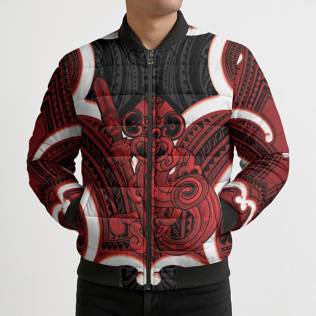 Whero Aotearoa Atua Tumatauenga Personalised Bomber Puffer Jacket Maori God Of War Tiki With Taiaha LT14 - Polynesian Pride