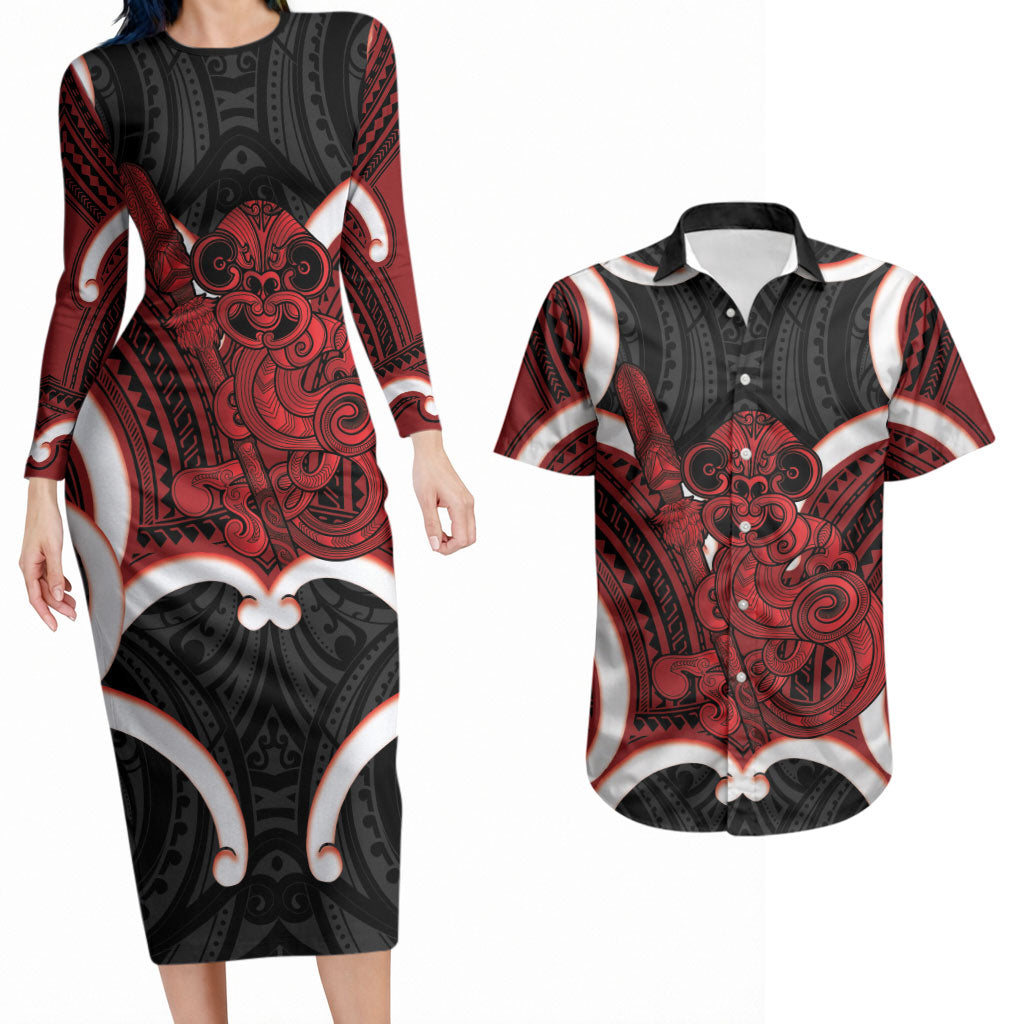 Whero Aotearoa Atua Tumatauenga Personalised Couples Matching Long Sleeve Bodycon Dress and Hawaiian Shirt Maori God Of War Tiki With Taiaha LT14 Red - Polynesian Pride