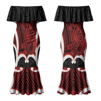 Whero Aotearoa Atua Tumatauenga Personalised Couples Matching Mermaid Dress and Long Sleeve Button Shirt Maori God Of War Tiki With Taiaha LT14 - Polynesian Pride