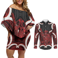 Whero Aotearoa Atua Tumatauenga Personalised Couples Matching Off Shoulder Short Dress and Long Sleeve Button Shirt Maori God Of War Tiki With Taiaha LT14 Red - Polynesian Pride