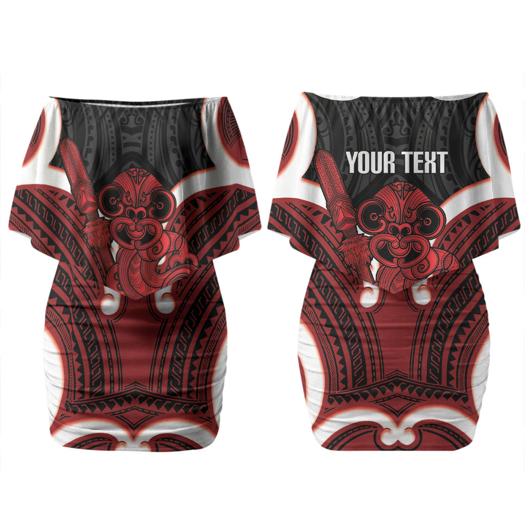 Whero Aotearoa Atua Tumatauenga Personalised Couples Matching Off Shoulder Short Dress and Long Sleeve Button Shirt Maori God Of War Tiki With Taiaha LT14 - Polynesian Pride