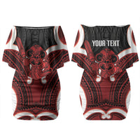 Whero Aotearoa Atua Tumatauenga Personalised Couples Matching Off Shoulder Short Dress and Long Sleeve Button Shirt Maori God Of War Tiki With Taiaha LT14 - Polynesian Pride