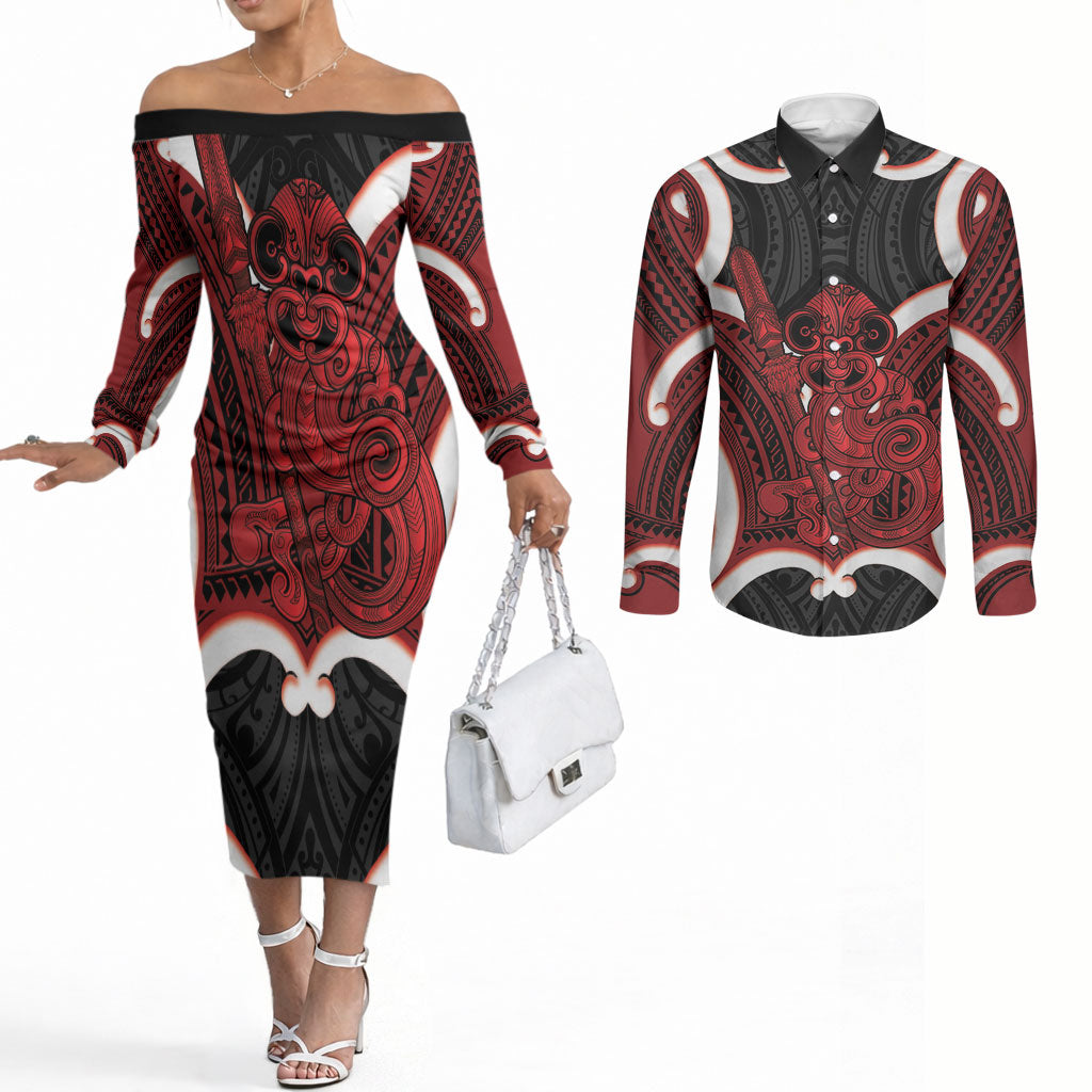 Whero Aotearoa Atua Tumatauenga Personalised Couples Matching Off The Shoulder Long Sleeve Dress and Long Sleeve Button Shirt Maori God Of War Tiki With Taiaha LT14 Red - Polynesian Pride