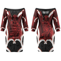 Whero Aotearoa Atua Tumatauenga Personalised Couples Matching Off The Shoulder Long Sleeve Dress and Long Sleeve Button Shirt Maori God Of War Tiki With Taiaha LT14 - Polynesian Pride