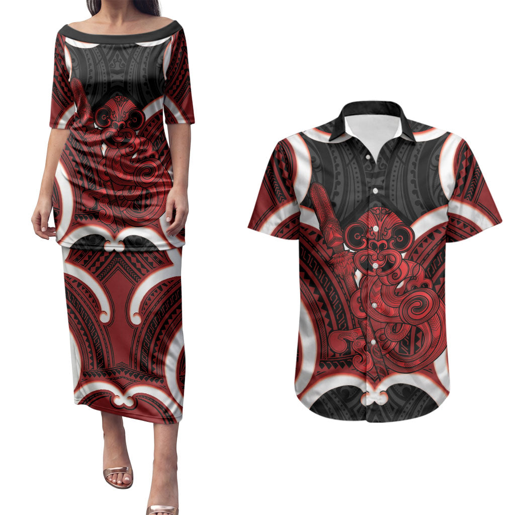 Whero Aotearoa Atua Tumatauenga Personalised Couples Matching Puletasi and Hawaiian Shirt Maori God Of War Tiki With Taiaha LT14 Red - Polynesian Pride