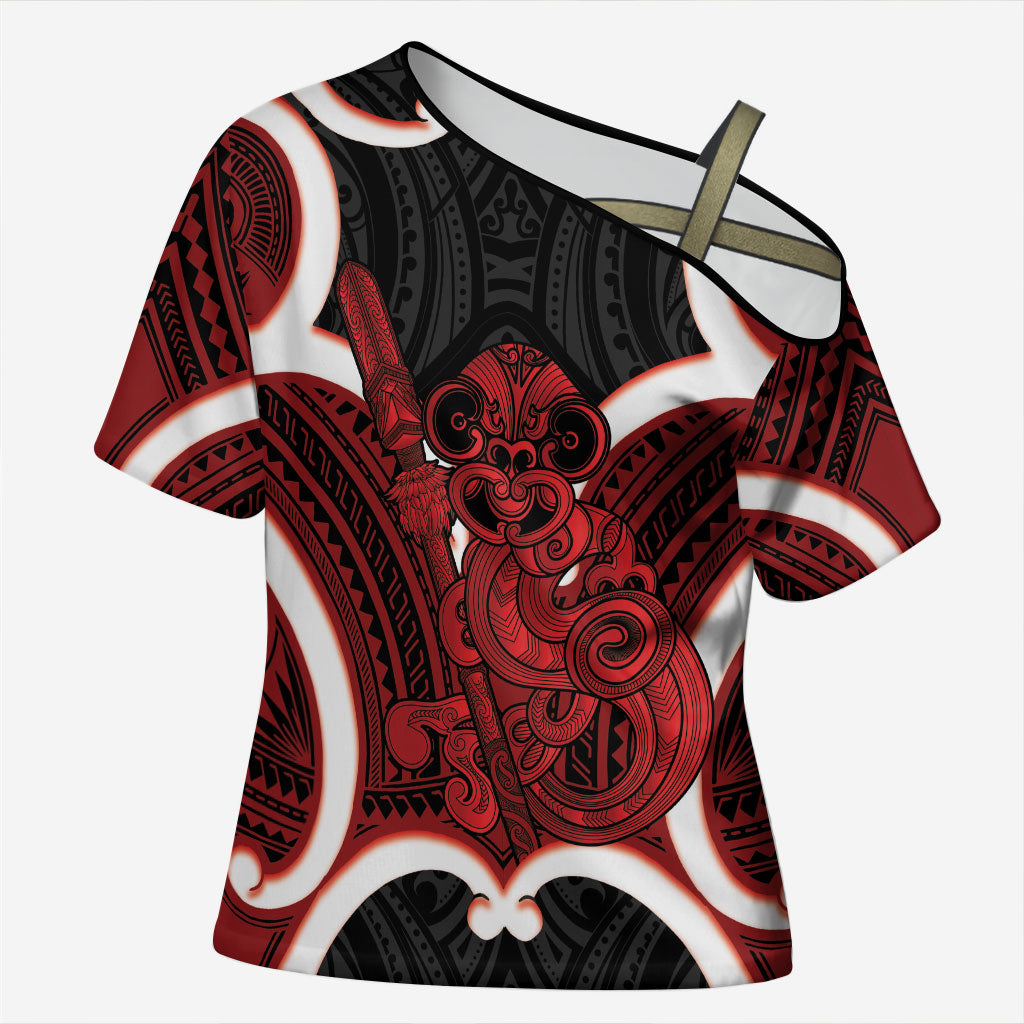Whero Aotearoa Atua Tumatauenga Personalised Cross Shoulder Shirt Maori God Of War Tiki With Taiaha LT14 Female Red - Polynesian Pride