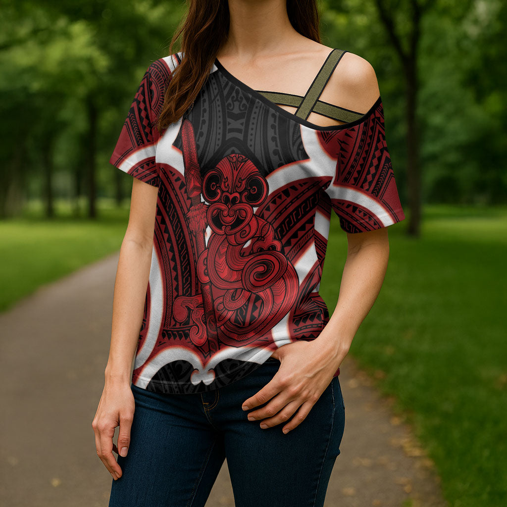 Whero Aotearoa Atua Tumatauenga Personalised Cross Shoulder Shirt Maori God Of War Tiki With Taiaha LT14 - Polynesian Pride